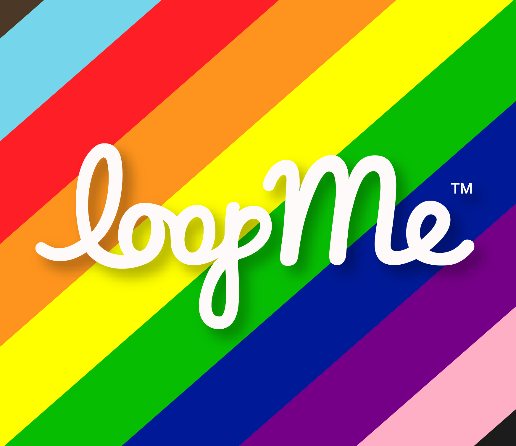 LoopMe logo in white on a background made up of the colours of the progress pride flag