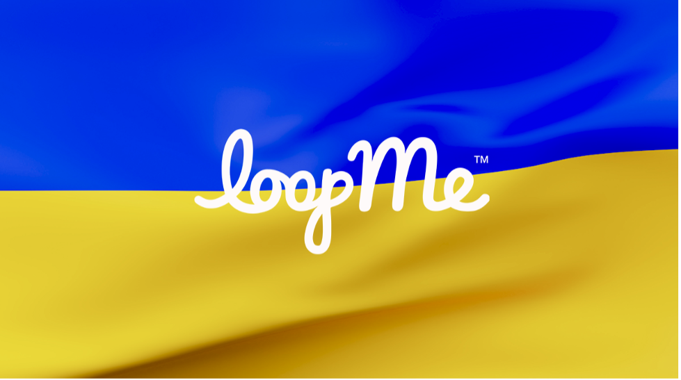 LoopMe logo in white over an image of the Ukraine flag