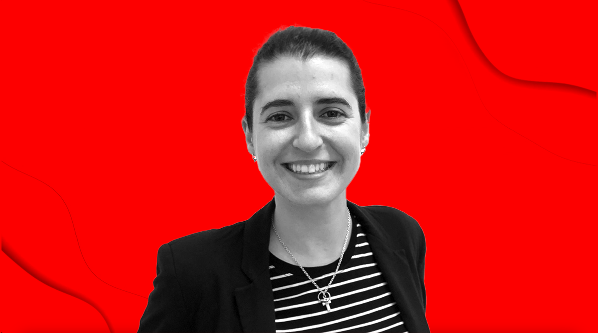 Photo of LoopMe's Joyce Bacqueyrisses against a red background